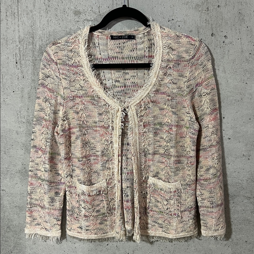 Nic + Zoe Linen Textured Knit Open Front Cardigan Sweater Fringe Womens Small